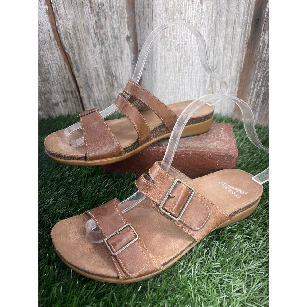 Dansko Brown Leather Double Buckle Slide Sandals